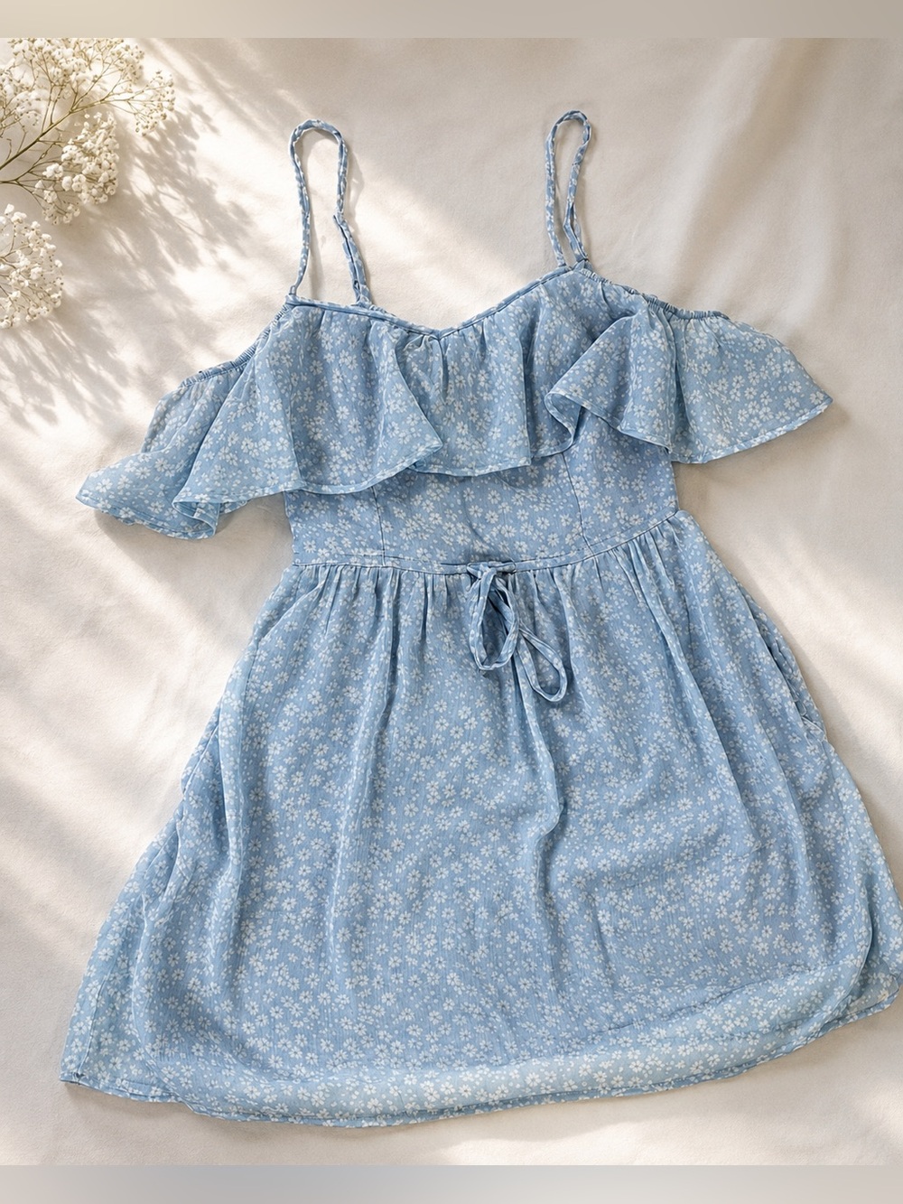 Abercrombie & Fitch Blue Floral Ruffle Off Shoulder Dress S